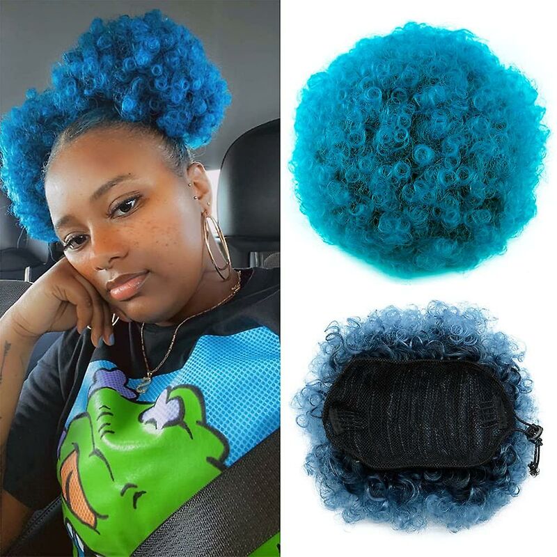 foto del prodotto lts fafa coda di cavallo a sbuffo blu con coulisse, coda di cavallo corta con chignon a sbuffo con clip crespi ricci sulle estensioni dei capelli