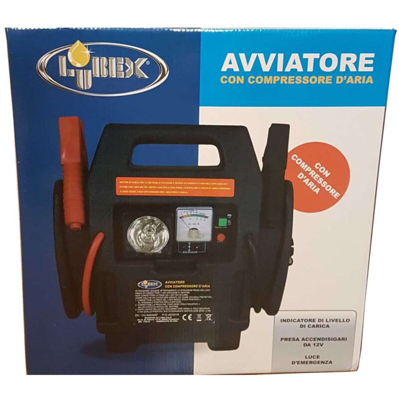 foto del prodotto lubex avviatore auto con compressore nero e rosso 12v
