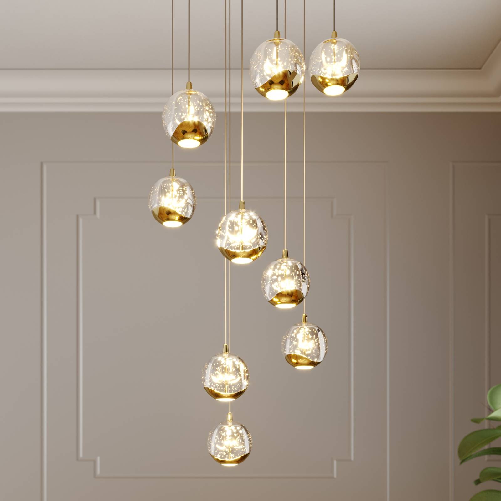 foto del prodotto lucande lampada led a sospensione hayley, 40 cm, a 9 luci, oro, vetro