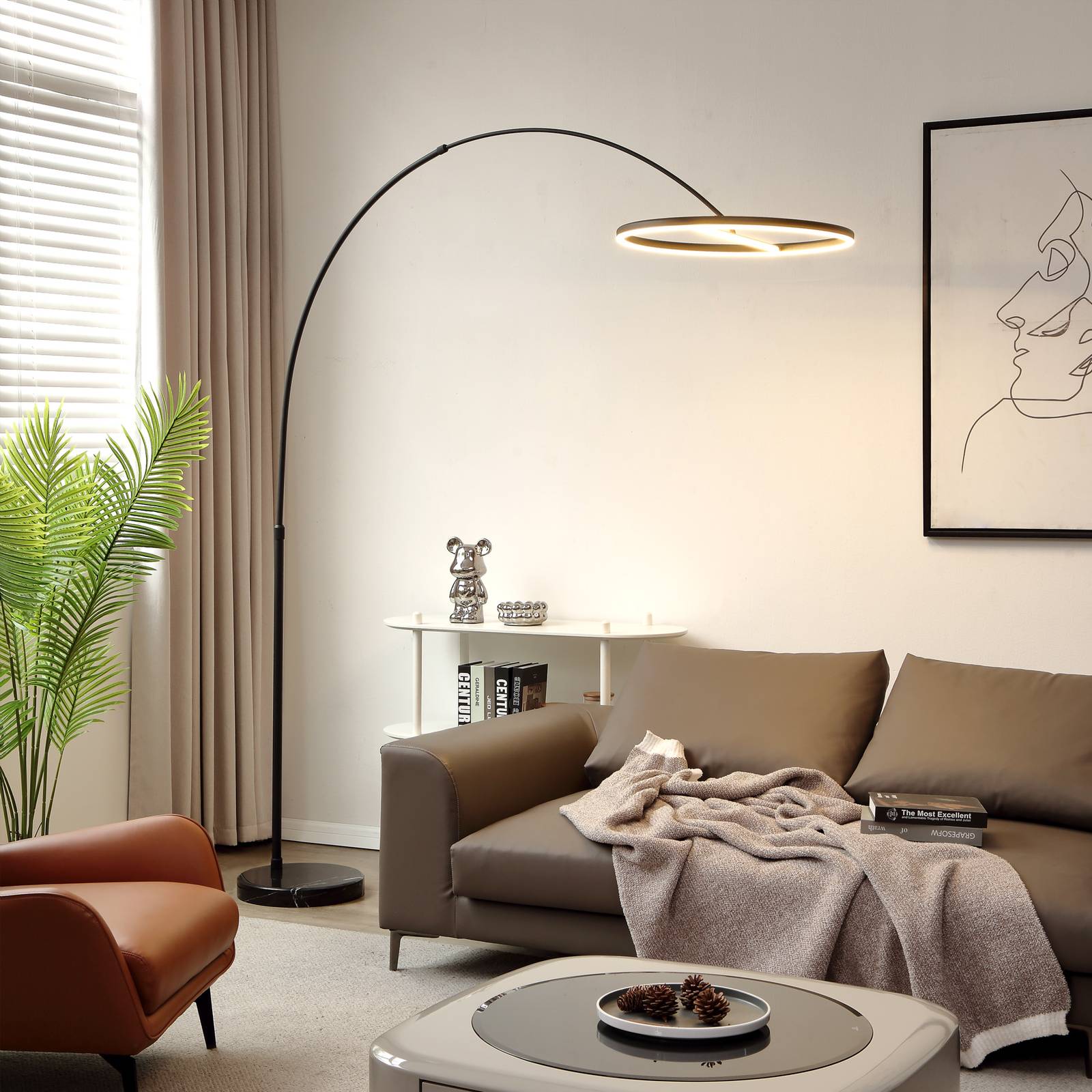 foto del prodotto lucande led, lampada da terra ad arco virvera, rotonda, nera, metallo