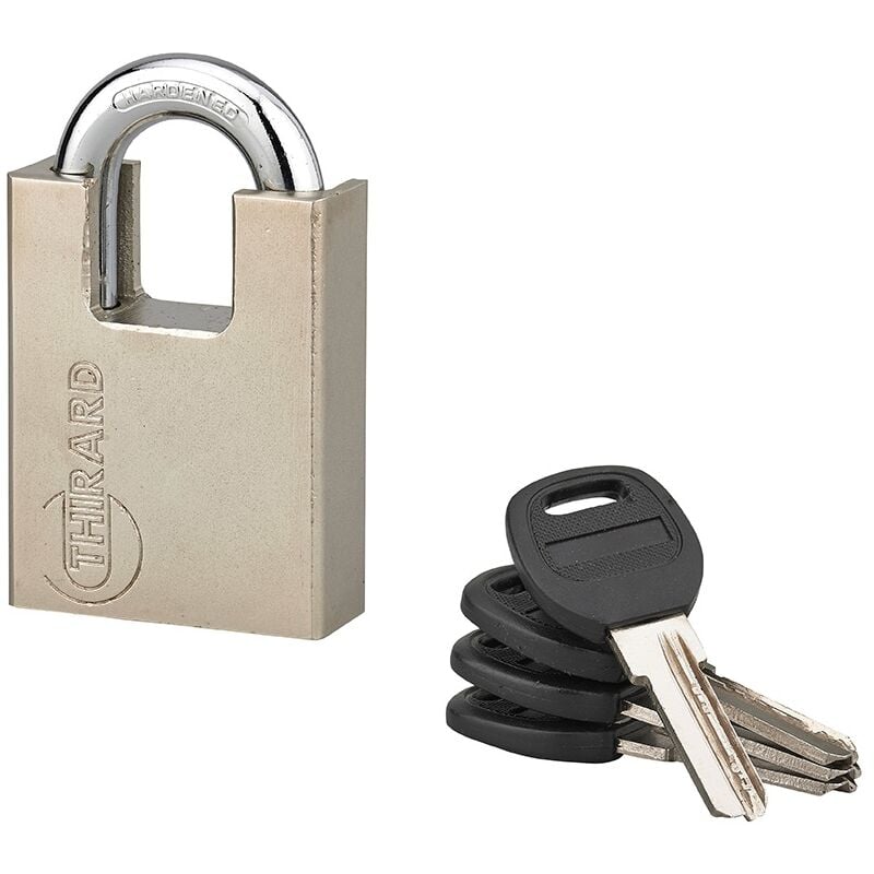 foto del prodotto lucchetto a chiave quadra, guardia alta in acciaio, 50mm, arco temprato nichelato, 4 chiavi reversibili - thirard