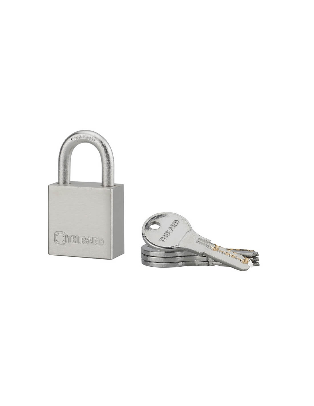 foto del prodotto lucchetto a chiave rinox, 40 mm, acciaio inossidabile, esterno, arco in acciaio inox, 4 chiavi thirard