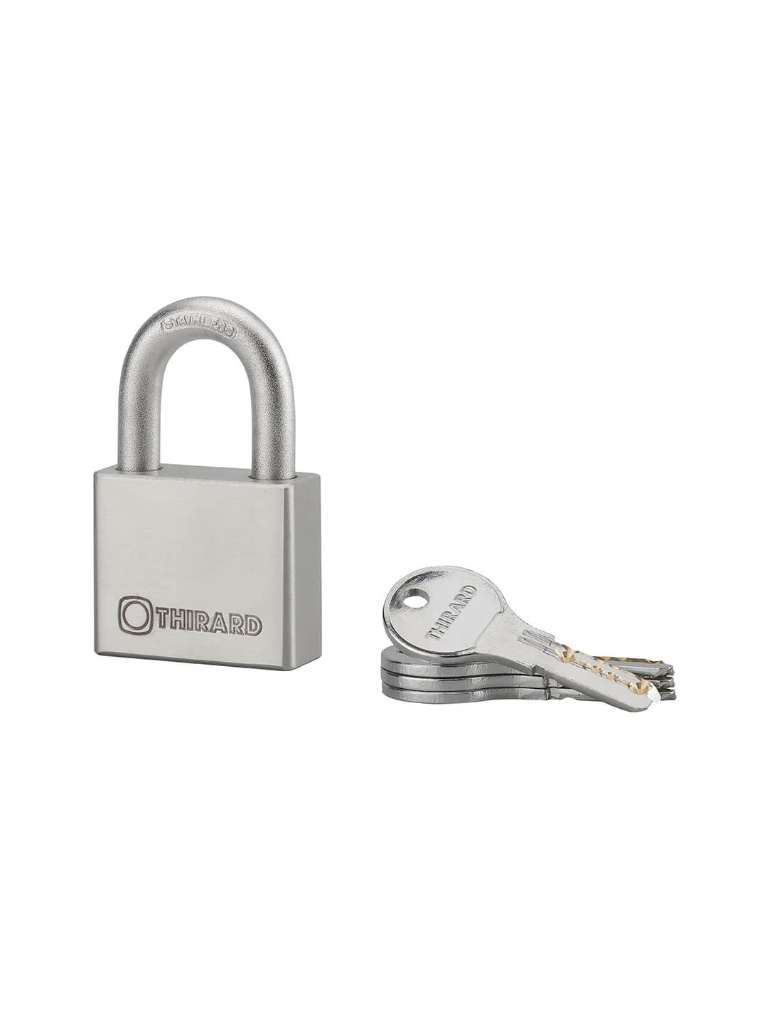 foto del prodotto lucchetto a chiave rinox, 50 mm, acciaio inossidabile, esterno, arco in acciaio inox, 4 chiavi thirard