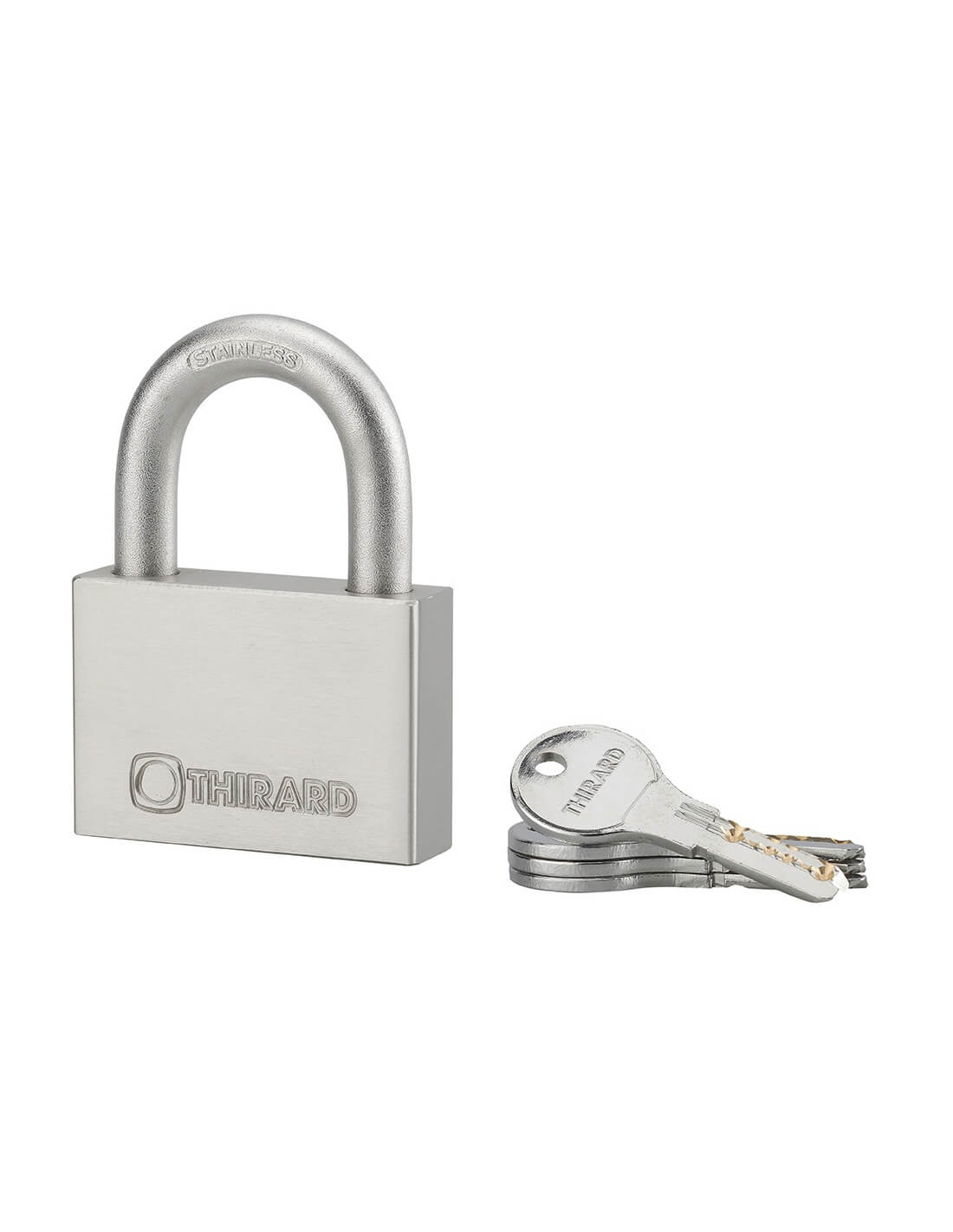 foto del prodotto lucchetto a chiave rinox, 70 mm, acciaio inossidabile, esterno, arco in acciaio inox, 4 chiavi thirard