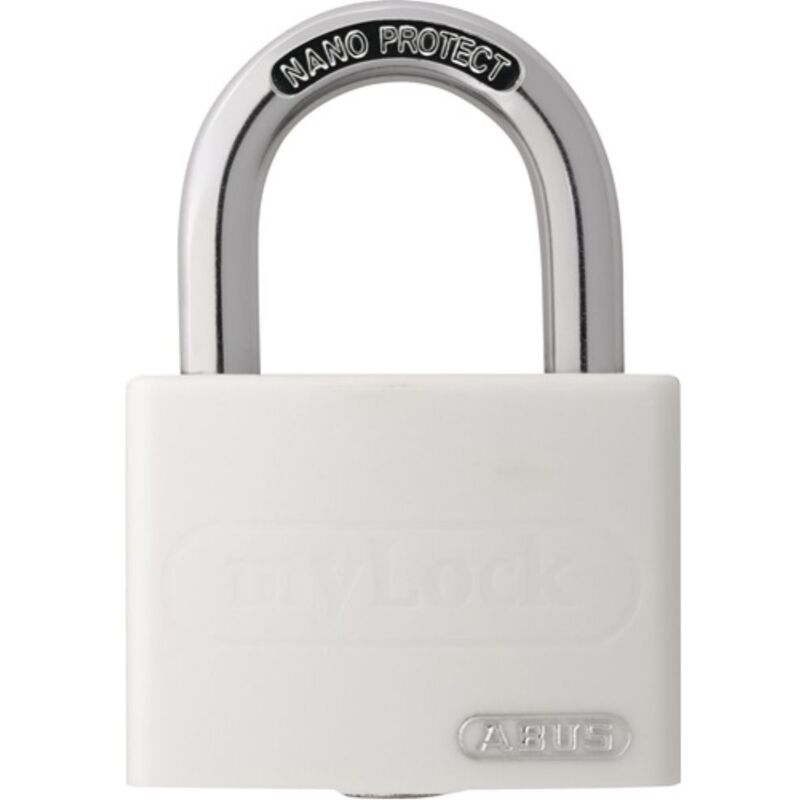 foto del prodotto lucchetto a cilindro t65al 40 bianco lucido corpo serratura in alluminio largo 43 mm con chiavi identiche