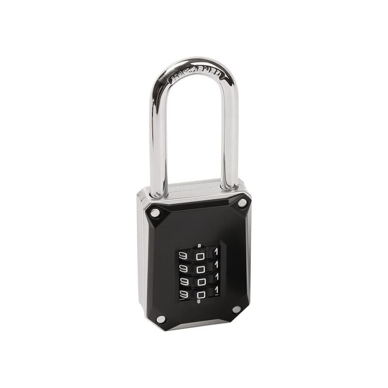 foto del prodotto lucchetto a combinazione resistente nero, lucchetto con arco lungo 57 mm, lucchetto a 4 cifre con grandi numeri bianchi e copertura anti reset,