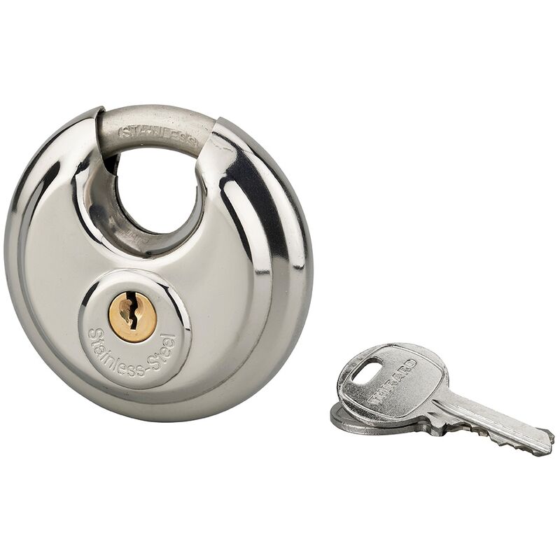 foto del prodotto lucchetto a disco astra, 70mm, interno, acciaio inox, arco in acciaio temprato, 2 chiavi thirard