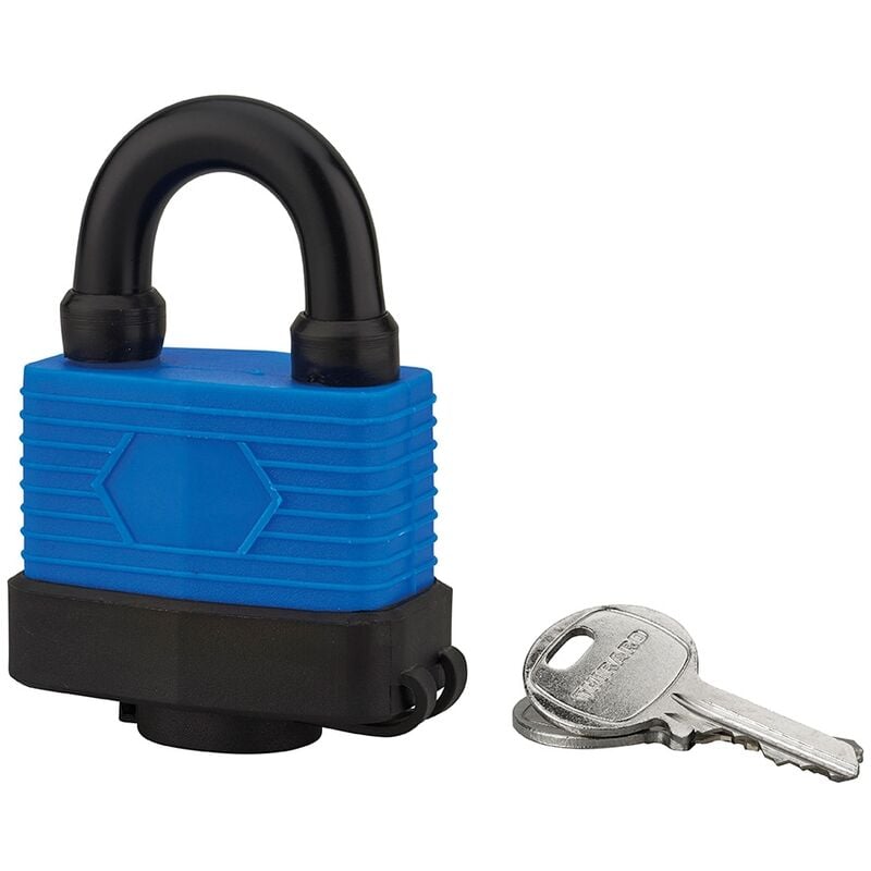 foto del prodotto lucchetto a lamelle, acciaio, da esterno, 50mm, rivestito in pvc, 2 chiavi in ottone nichelato - thirard