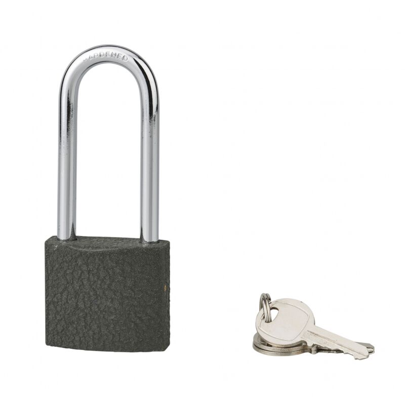 foto del prodotto lucchetto acera grigio con chiave, base 40 mm, arco 1 2 alto 61 mm, arco in acciaio temprato, 3 chiavi serruprix