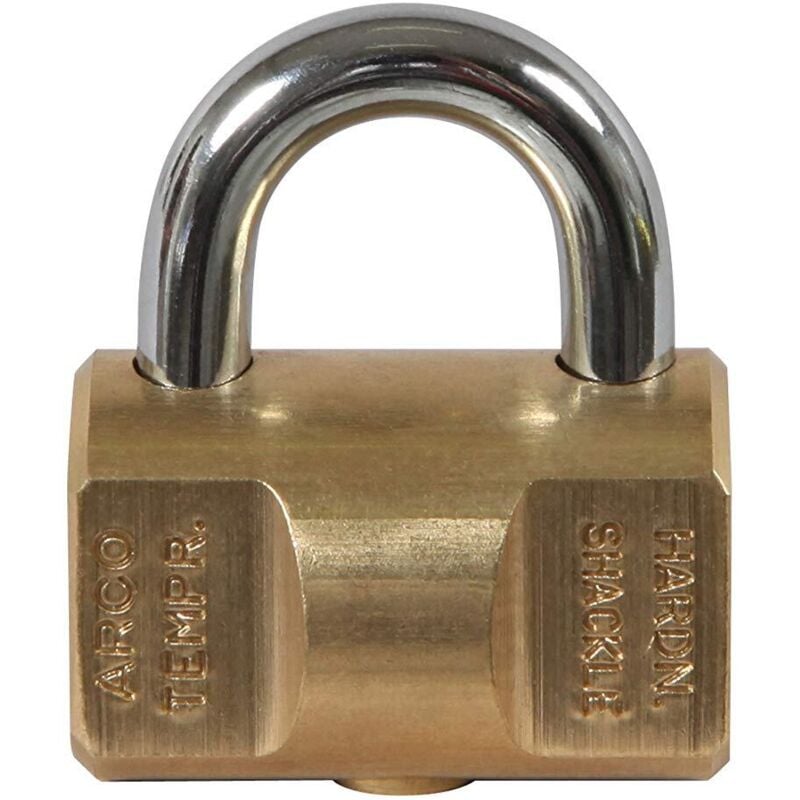 foto del prodotto lucchetto antiscasso, cilindrico, base 40 mm in ottone massiccio, arco in acciaio, chiusura a scatto, 2 chiavi in dotazione - viro