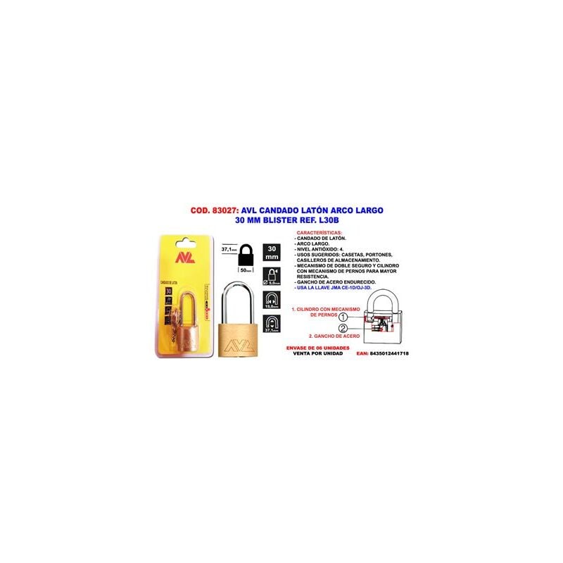 foto del prodotto lucchetto avl finstock in ottone arco lungo blister 30mm
