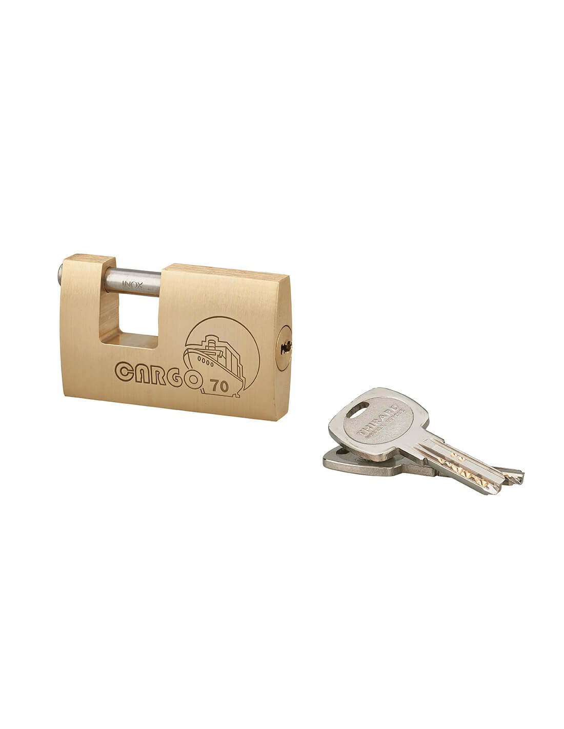foto del prodotto lucchetto cargo 70mm, 2 chiavi transit 2, ottone pieno, arco acciaio inox, serranda, container, garage, per industria thirard