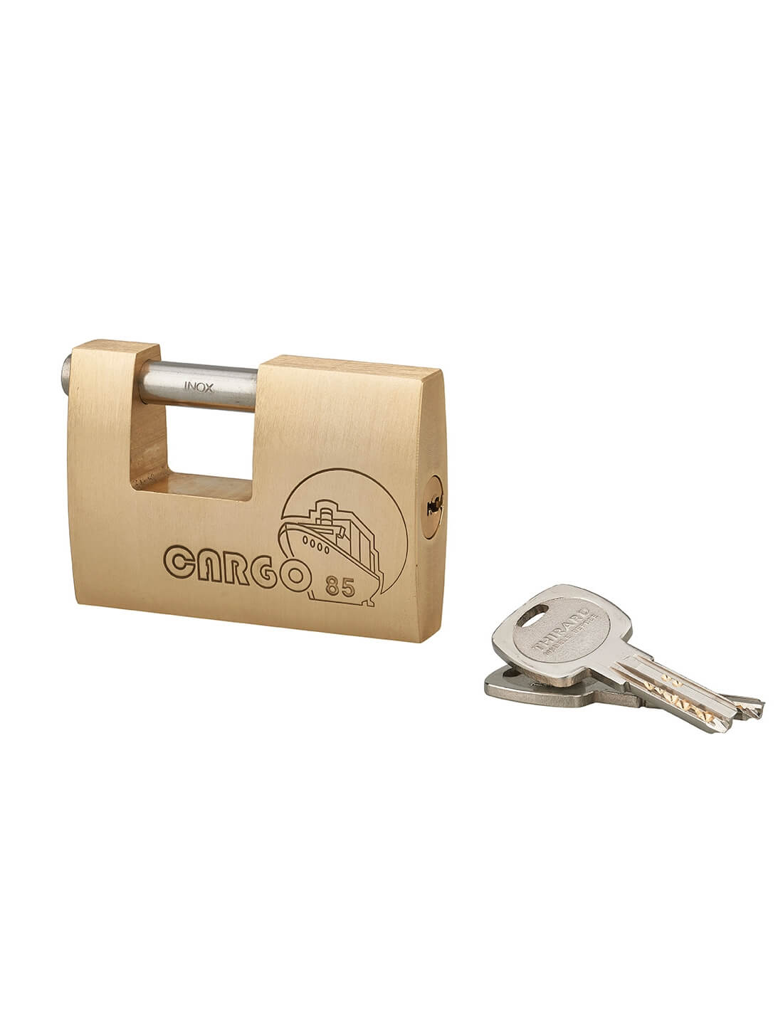 foto del prodotto lucchetto cargo 85mm, 2 chiavi transit 2, ottone pieno, arco acciaio inox, serranda, container, garage, per industria thirard