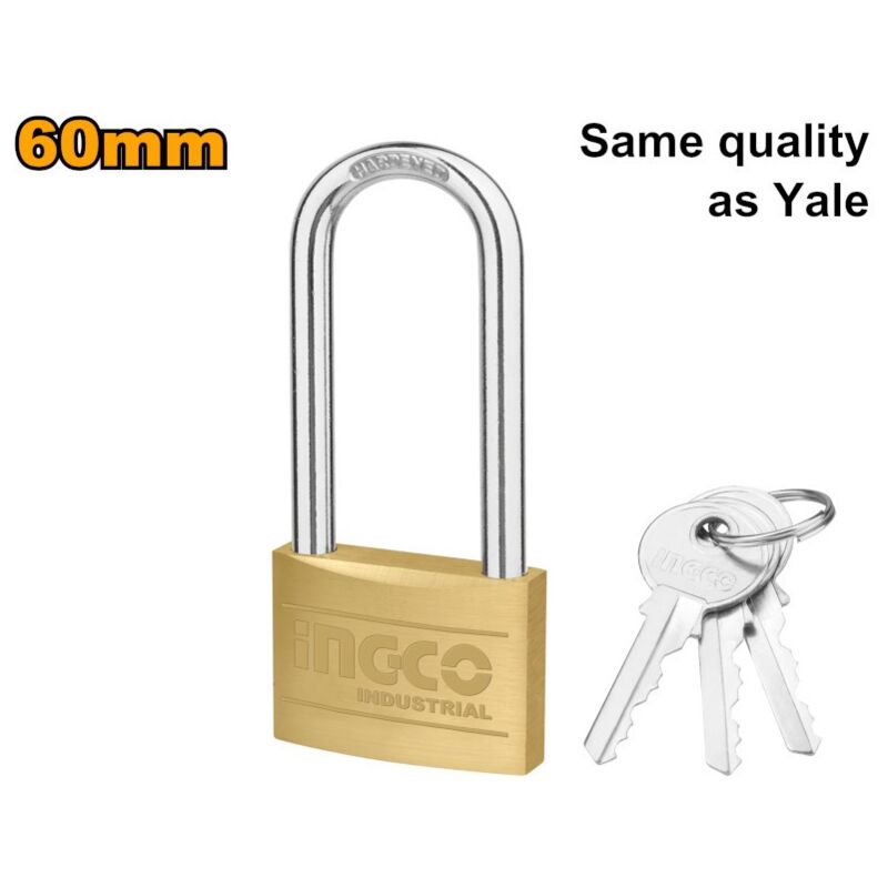 foto del prodotto lucchetto catenaccio arco lungo ottone massiccio arco acciaio cementato 3 chiavi 60 mm