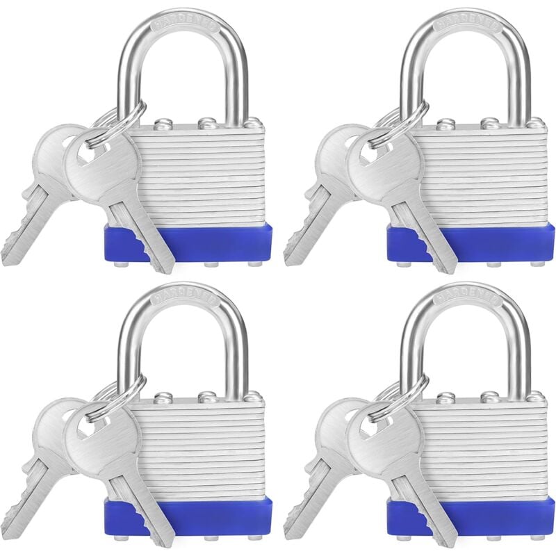 foto del prodotto lucchetto in ferro con 2 chiavi confezione da 4 , 6,4 x 4,2 x 2,4 cm, resistente alle intemperie, per garage e armadi. bebusingoto