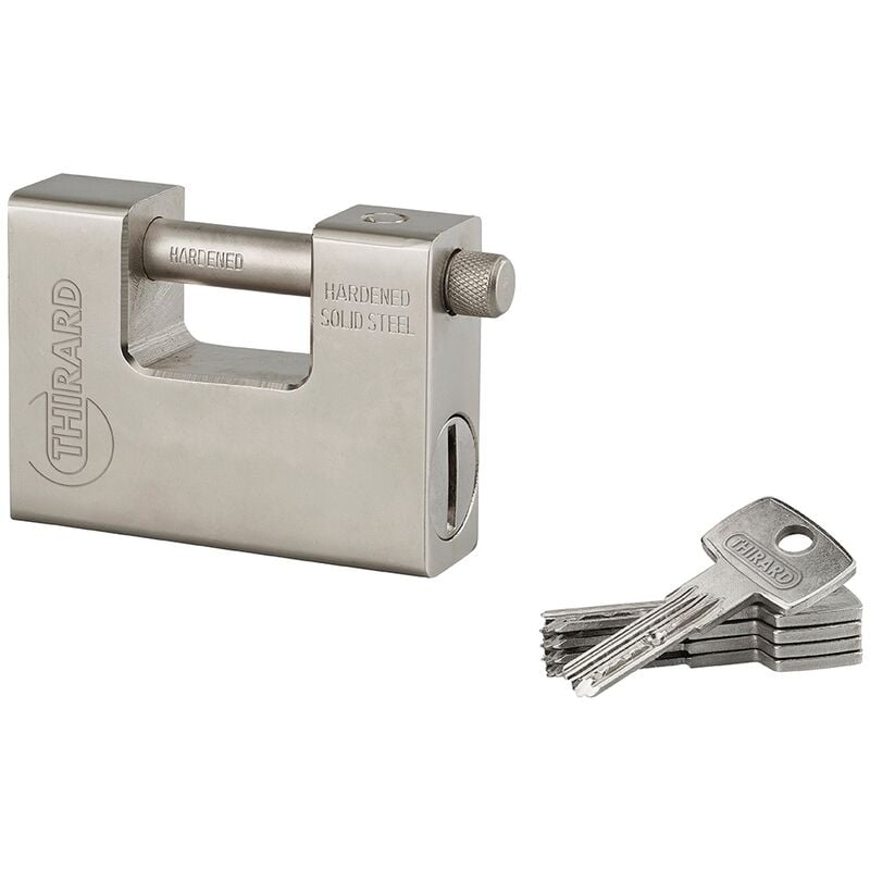 foto del prodotto lucchetto monoblocco rettangolare thor, acciaio temprato, per serranda, arco in acciaio, 94mm, 5 chiavi reversibili - thirard