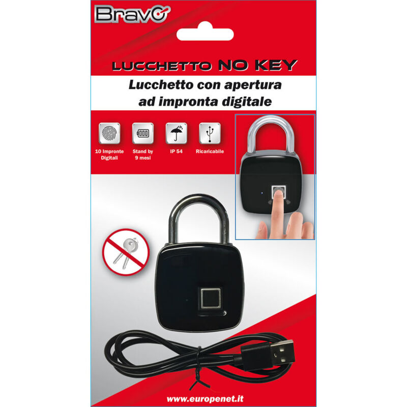 foto del prodotto lucchetto no key, touch, 10 impronte digitali, 9 mesi batteria bravo