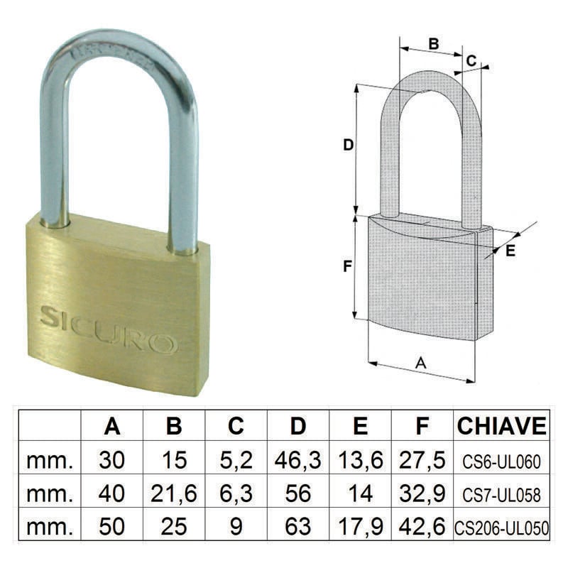 foto del prodotto lucchetto ottone arco lungo mm.40