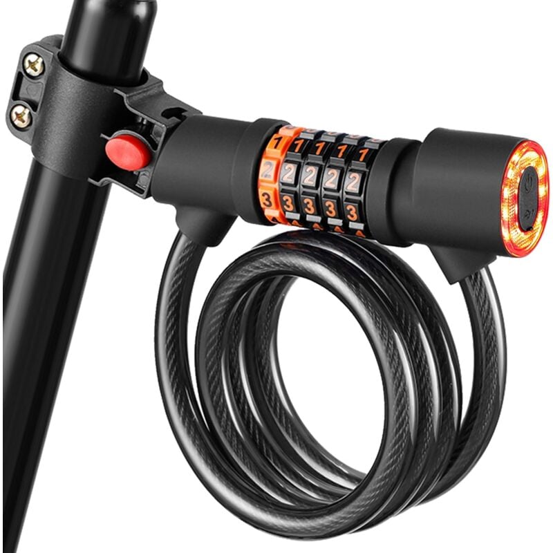 foto del prodotto lucchetto per bicicletta, lucchetto antifurto per bici, lucchetto antifurto per scooter elettrico 120 cm x 12 mm con luce led, lucchetto antifurto
