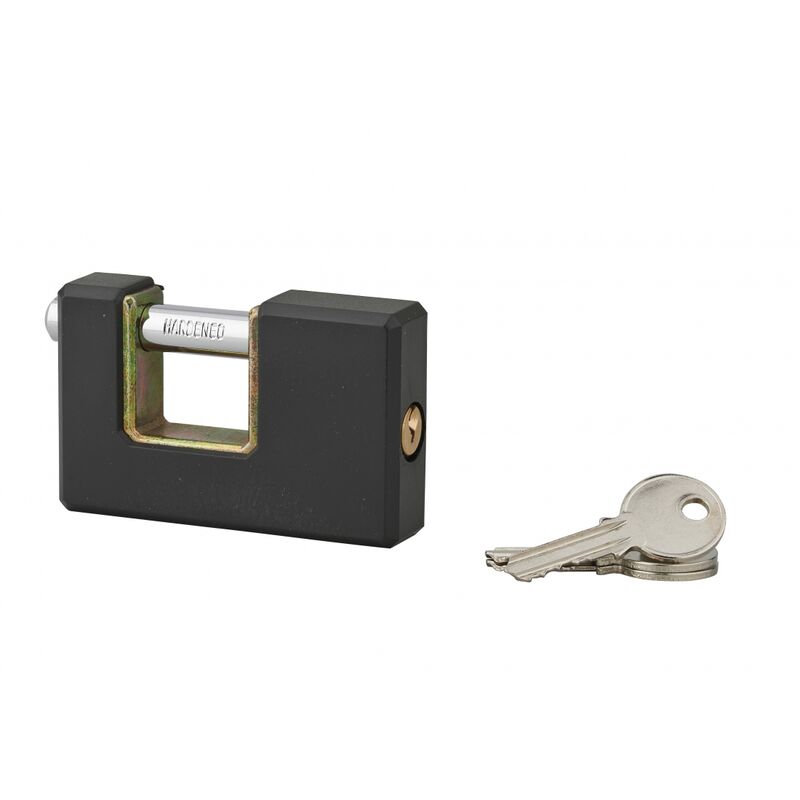 foto del prodotto lucchetto rettangolare acera con chiave, base 75 mm, arco in acciaio temprato, 3 chiavi - serruprix
