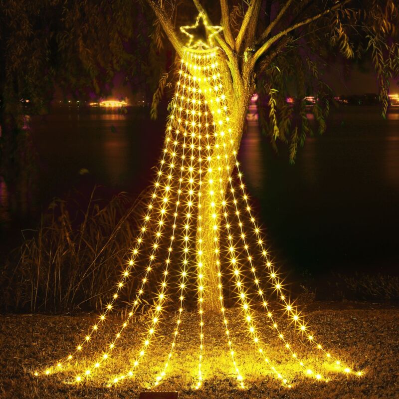 foto del prodotto luce a cascata a stella a cinque punte, stella di natale, luce decorativa ad acqua corrente, solare, impermeabile, con telecomando, per esterni
