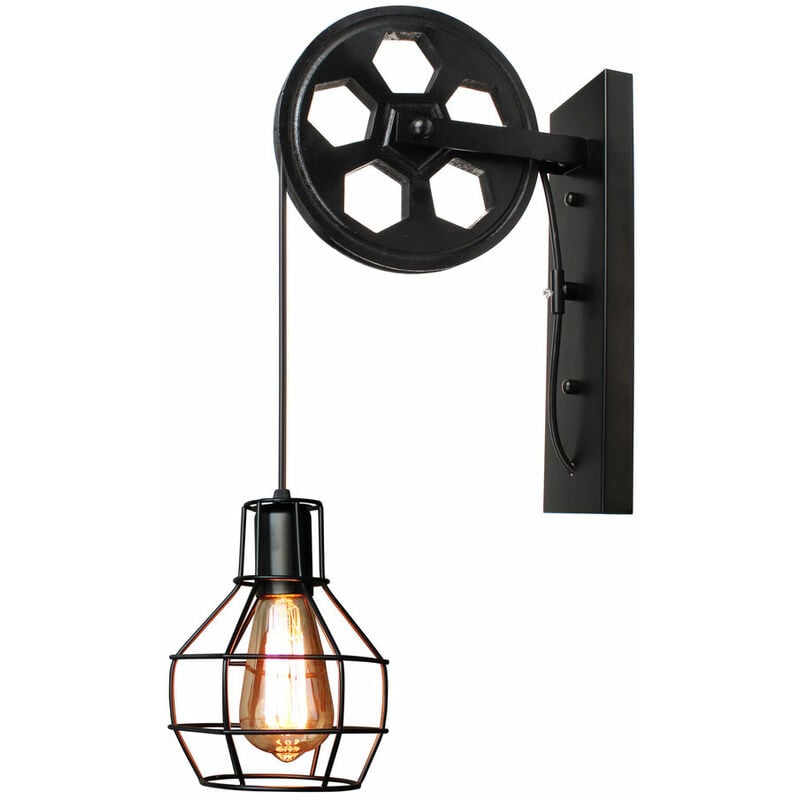 foto del prodotto luce a muro industriale stile, lampada a muro in ferro e27, creativo illuminazione puleggia per cucina camera da letto nero 