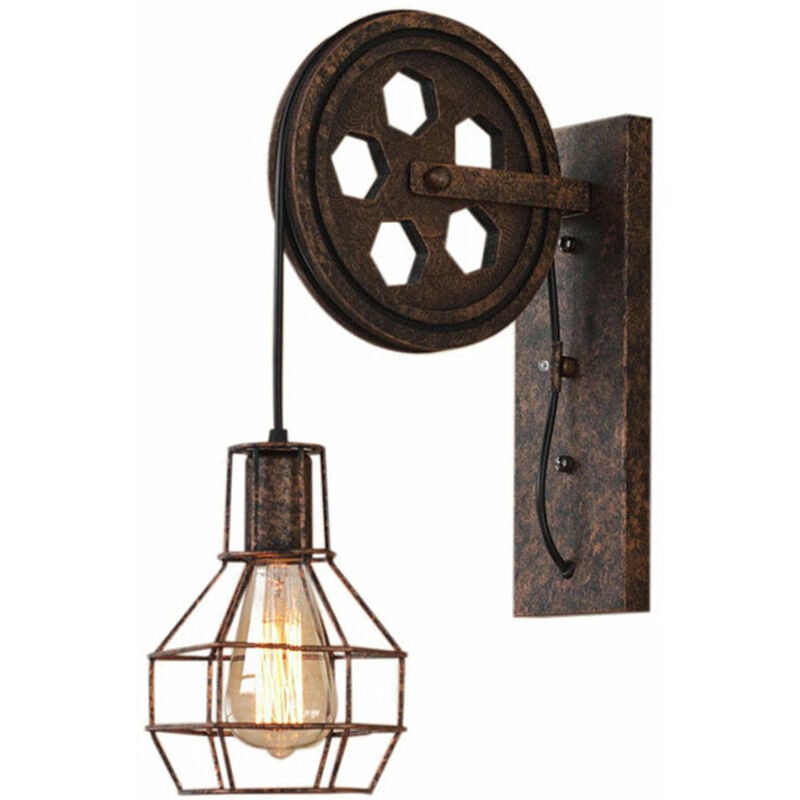 foto del prodotto luce a muro industriale stile, lampada a muro in ferro e27, creativo illuminazione puleggia per cucina camera da letto ruggine 