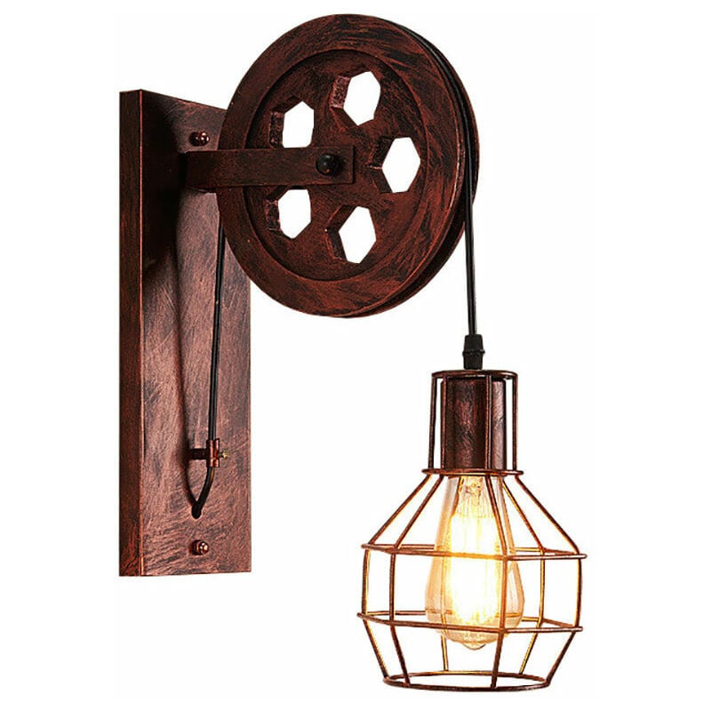 foto del prodotto luce a muro industriale stile, lampada a muro in ferro e27, creativo illuminazione puleggia per cucina camera da letto ruggine rossa 