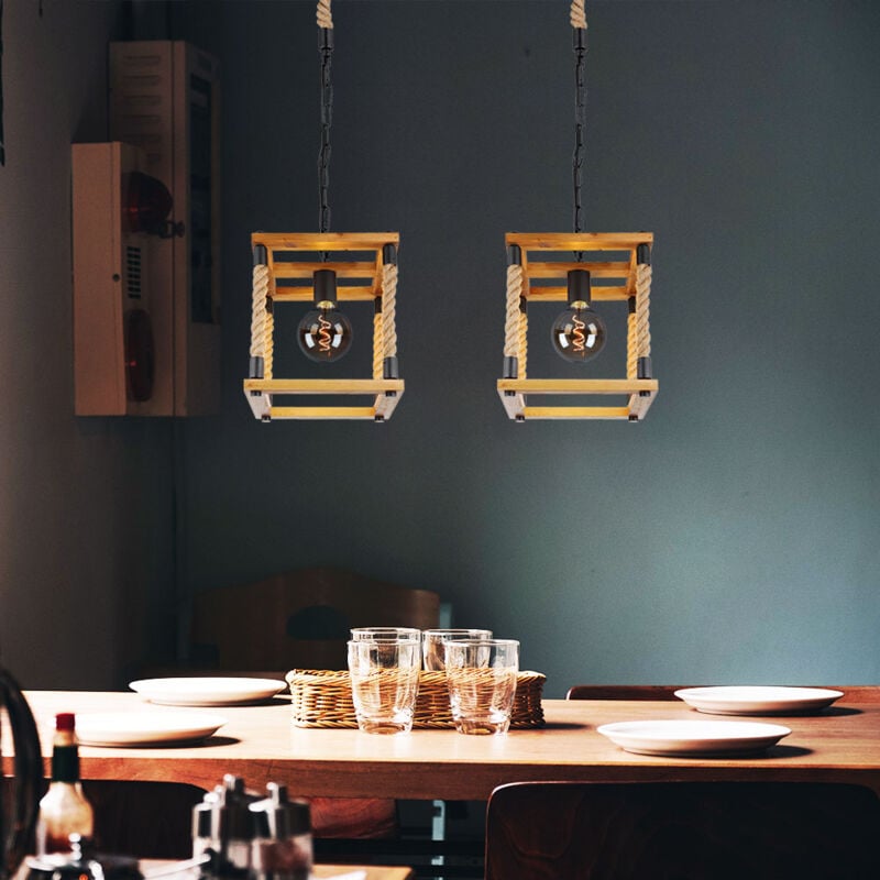 foto del prodotto luce a sospensione in legno per sala da pranzo luce a sospensione in corda di canapa struttura in legno, metallo nero colore naturale, 1x e27, lxlxh