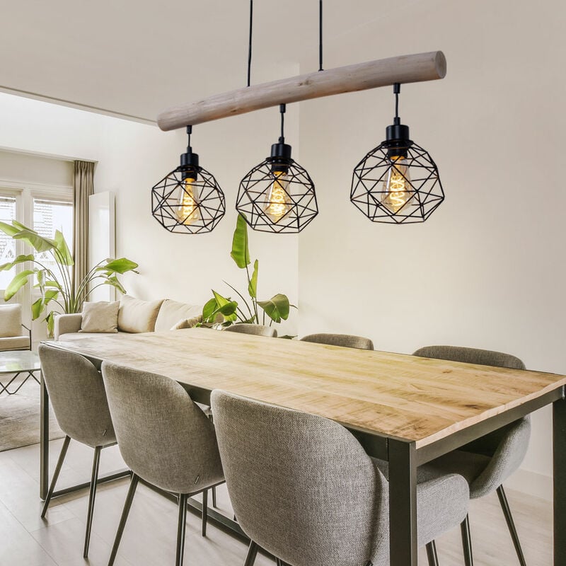 foto del prodotto luce a sospensione luce a sospensione in legno luce a sospensione per sala da pranzo vintage, design retrò a 3 fiamme, griglia metallica natura legno