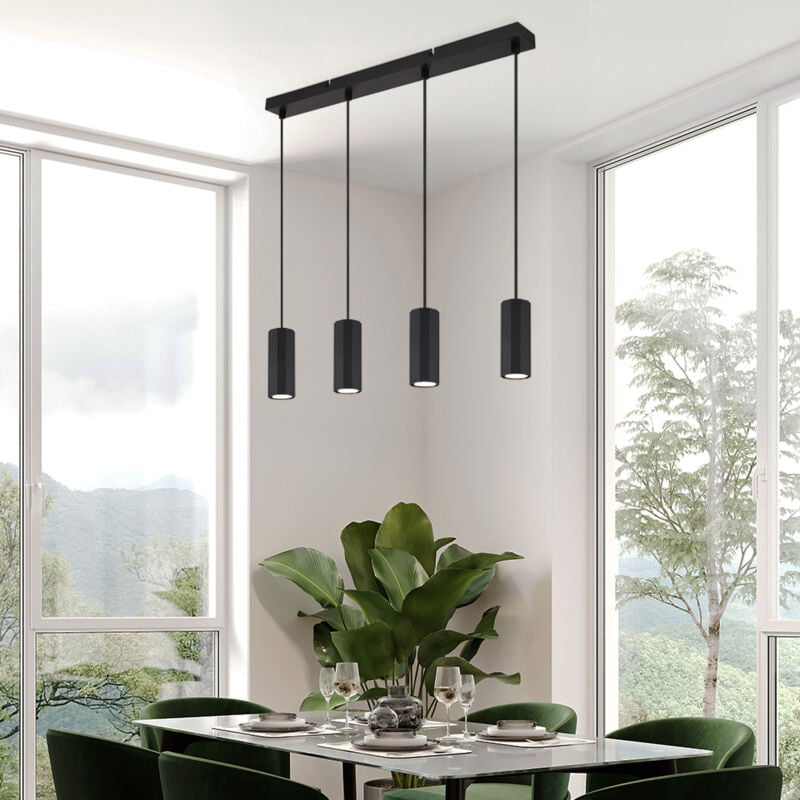 foto del prodotto luce a sospensione luce a sospensione per tavolo da pranzo nera plafoniera a 4 luci a sospensione, metallo, 4x prese gu10, lxlxh 61x6x120 cm