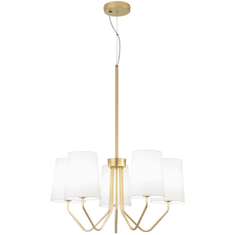 foto del prodotto luce ambiente e design - sospensione sally a cinque luci in metallo oro con paralumi in tessuto'