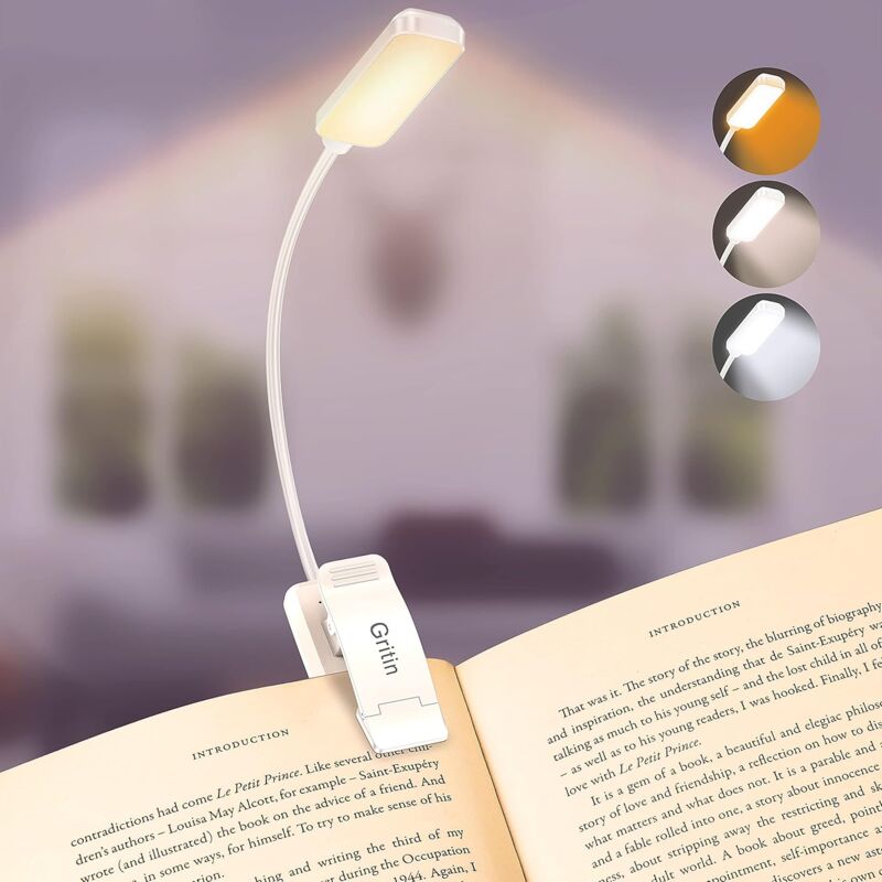 foto del prodotto luce di lettura a clip a 9 led, ricaricabile, protezione per gli occhi, oscuramento continuo e 3 colori, collo flessibile a 360 , lunga durata,