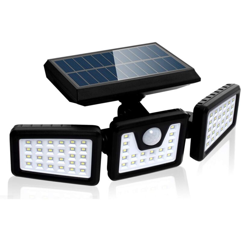 foto del prodotto luce di sicurezza solare con sensore di movimento, potente faretto da parete per esterni con 3 teste, 550 lumen