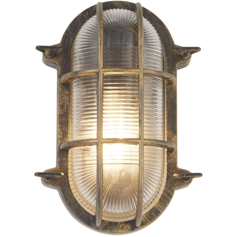 foto del prodotto luce esterna ovale bulkhead metallo oro nero e vetro trasparente