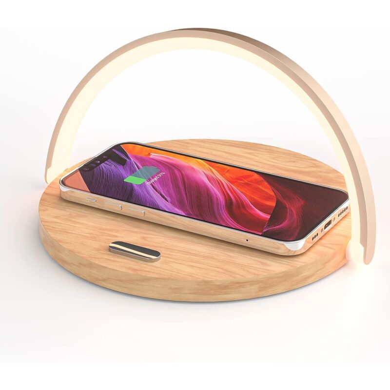 foto del prodotto luce notturna con caricabatterie wireless, lampada da tavolo touch, luce notturna a led con caricabatterie a induzione certificato qc3.0 da 10 w,