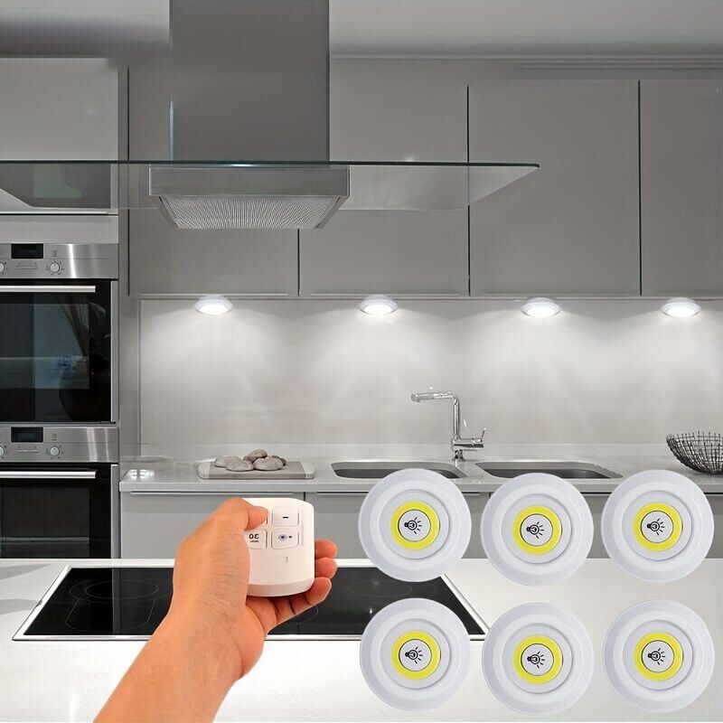 foto del prodotto luce notturna, set da 1 6 lampade, con 1 telecomando wireless e anche attivazione tramite pulsante, per cucina e officina, installazione senza cavi,
