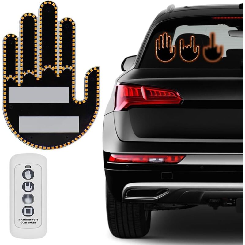 foto del prodotto luce per gesti delle dita con telecomando, luce per finestrino auto con scritta divertente, luce per auto con dita, accessori per auto, luce per dita