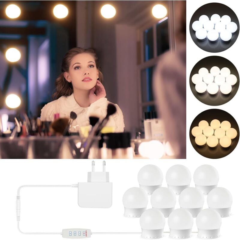 foto del prodotto luce per specchio, 10 lampadine hollywood kit di luci led dimmerabili per specchio cosmetico bagno 3 colori 10 livelli di luminosit con adattatore