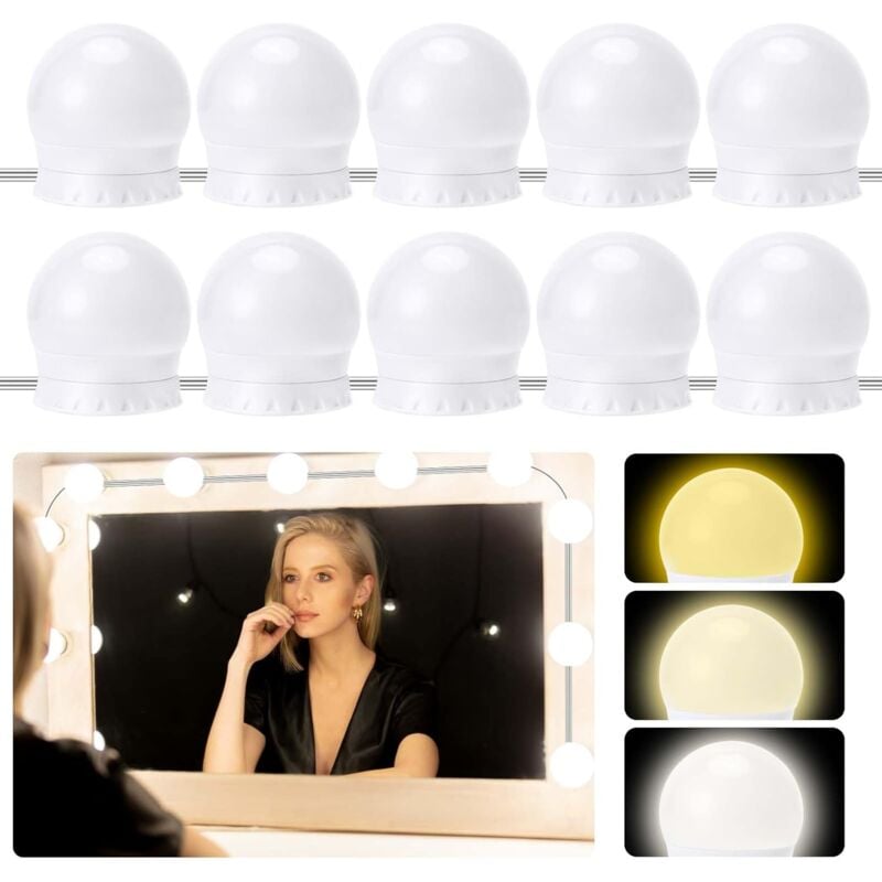 foto del prodotto luce per specchio, kit di luci led dimmerabili con 10 lampadine hollywood, luce per trucco regolabile a 3 colori, luce per trucco, adatta per