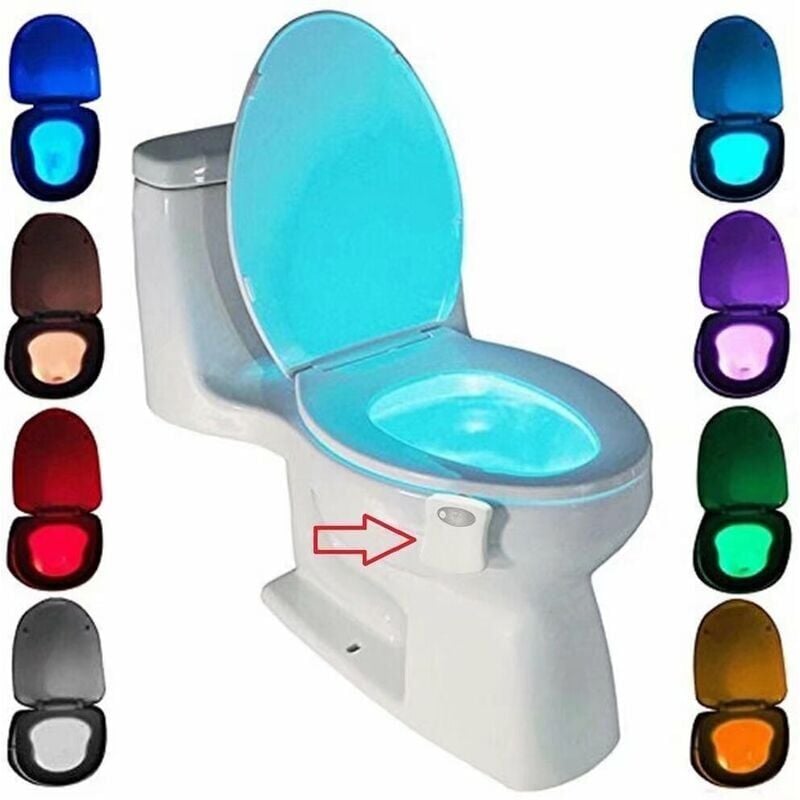 foto del prodotto luce per wc, luce notturna a led per wc, sensore pir per bagno, illuminazione con cambio colore a 8 colori si attiva solo al buio 