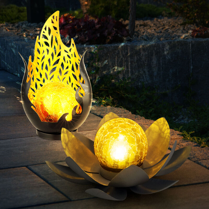foto del prodotto luce solare a forma di fiamma, fiore solare per esterni, fiore di loto, vetro solare crackle, grigio, lampadina a led, 1x fiore di loto, 1x design a