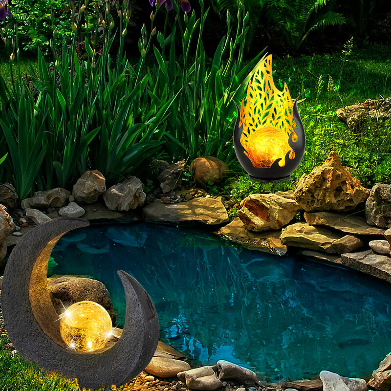 foto del prodotto luce solare a led fiamma da esterno lampada solare da giardino lampada da giardino luna, ip44 batteria ricaricabile, sfera di vetro crepla nero, set