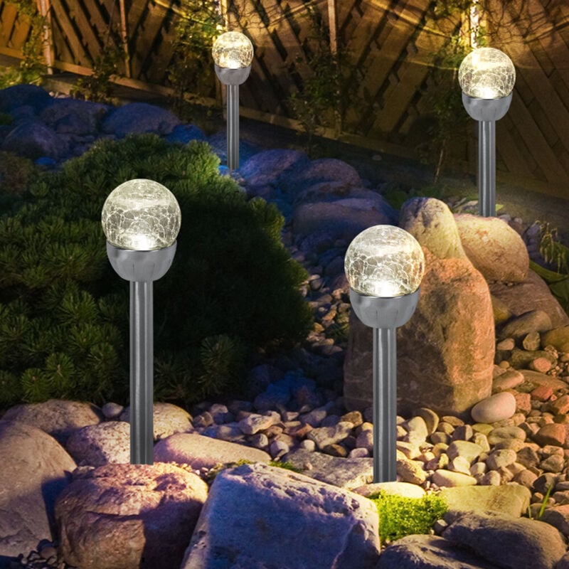 foto del prodotto luce solare a sfera per esterni, lampada da giardino in vetro rotto, luce per sentieri, batteria ricaricabile integrata, acciaio inox, argento, led,