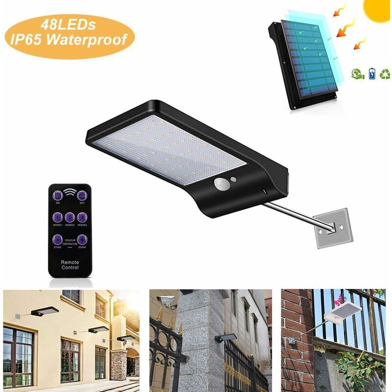 foto del prodotto luce solare da esterno a 48 led con sensore di movimento, dimmerabile, con telecomando wireless, lampada solare impermeabile per porta, corridoio,