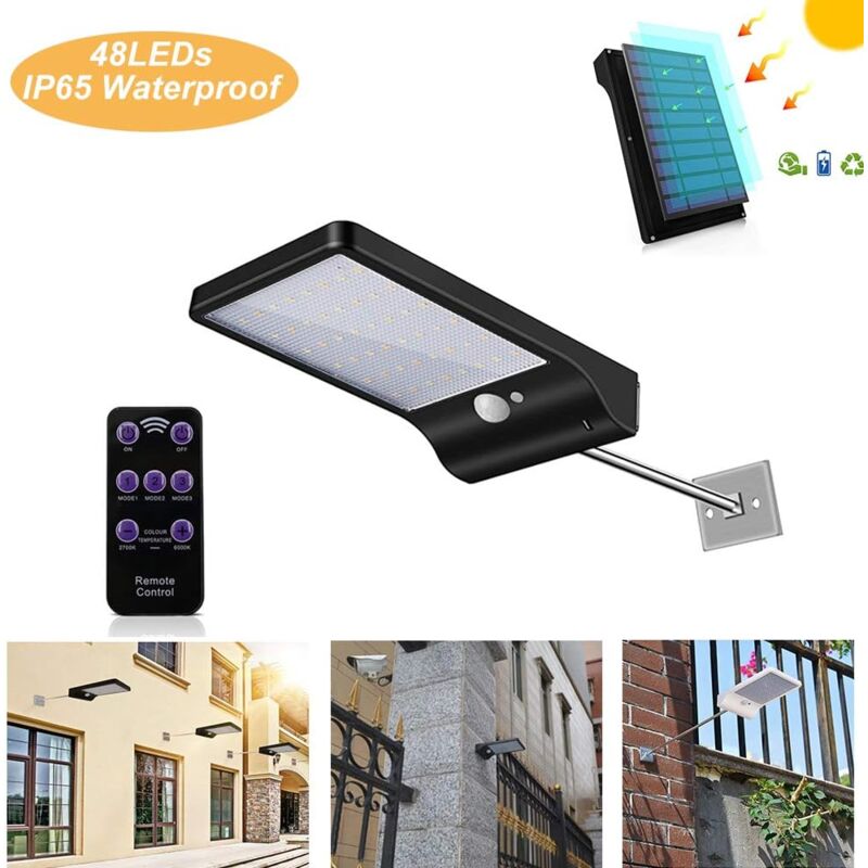 foto del prodotto luce solare da esterno a 48 led con sensore di movimento, dimmerabile, con telecomando wireless, lampada solare impermeabile per porta, corridoio,