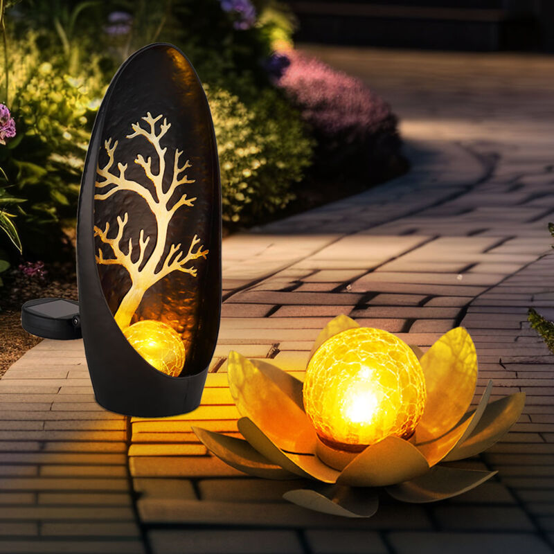 foto del prodotto luce solare fiore di loto luci decorative da giardino per esterni luce solare per esterni fiore solare, effetto luce vetro craquel , 1x fiore di loto