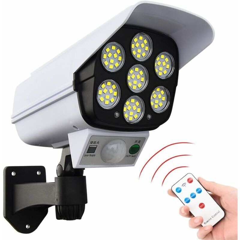 foto del prodotto luce solare, luce solare a 77 led per esterni, luce di sicurezza di sorveglianza di simulazione con sensore di movimento, lampada da parete solare,