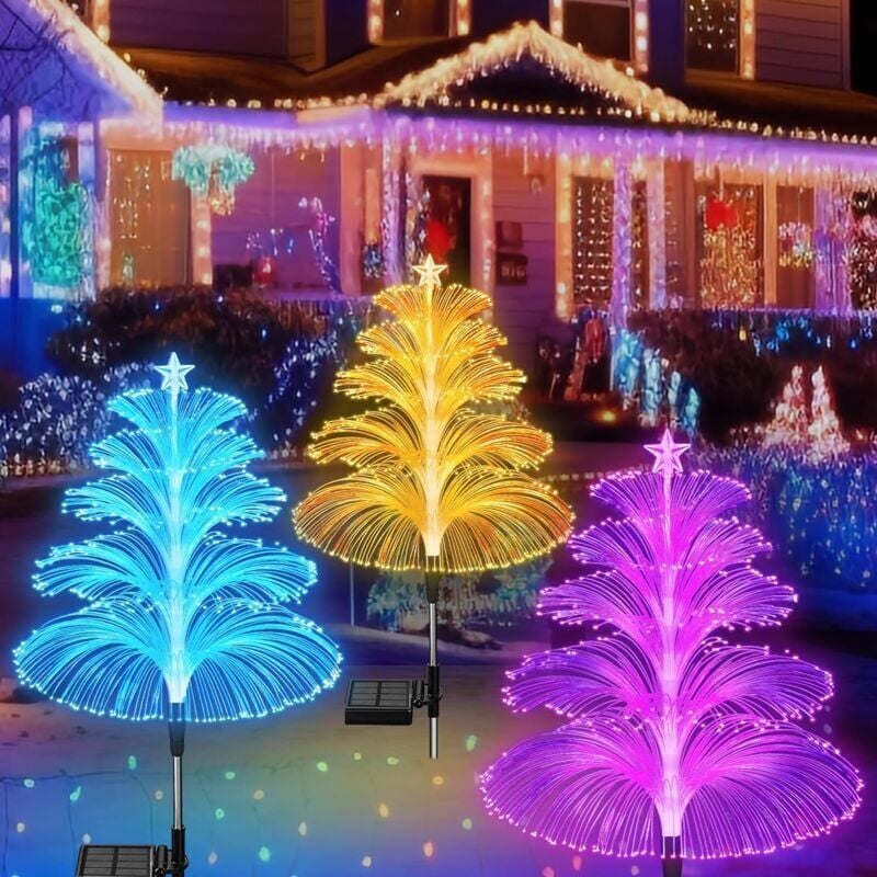foto del prodotto luce solare per albero di natale, luce a forma di medusa impermeabile per esterni, 5 strati di fibra ottica, 7 colori cangianti, adatta per cortile e
