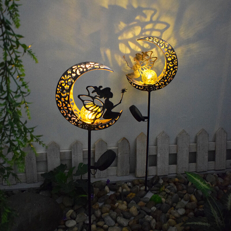 foto del prodotto luce solare per esterni, 100 cm, luce da giardino a forma di luna in metallo, a led, con sfera di cristallo, impermeabile, con fata dei fiori e